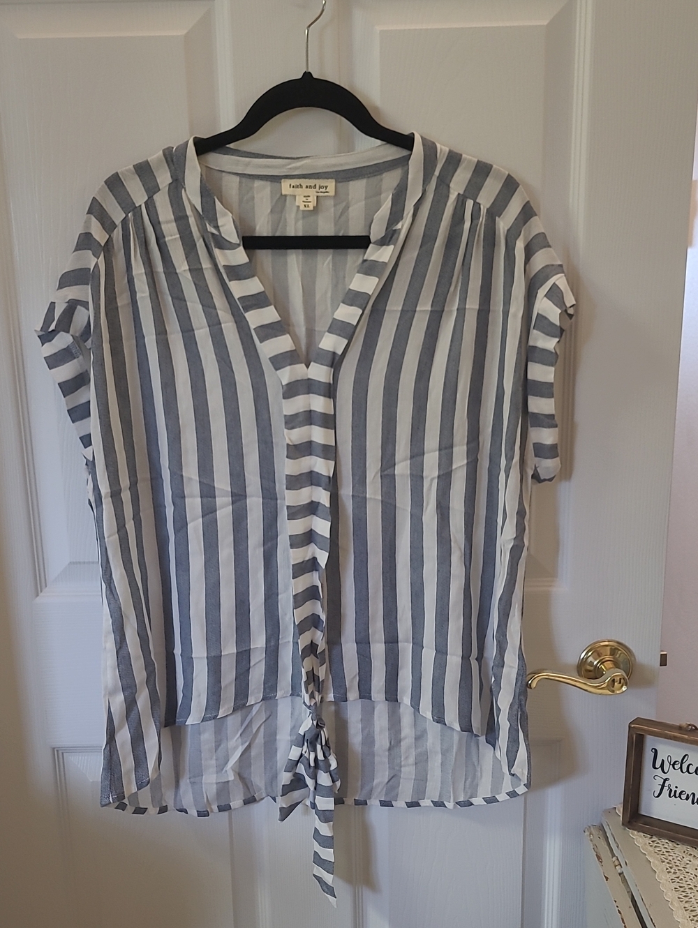 Faith and Joy Blue & White Striped Tie-Front Blouse. Bin 6